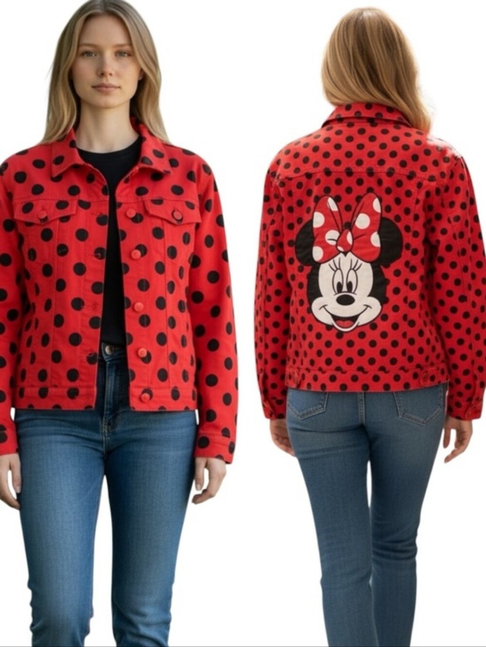 Disney Parks Minnie Mouse Trucker Jacket Size Small Red Black Polka Dot Denim